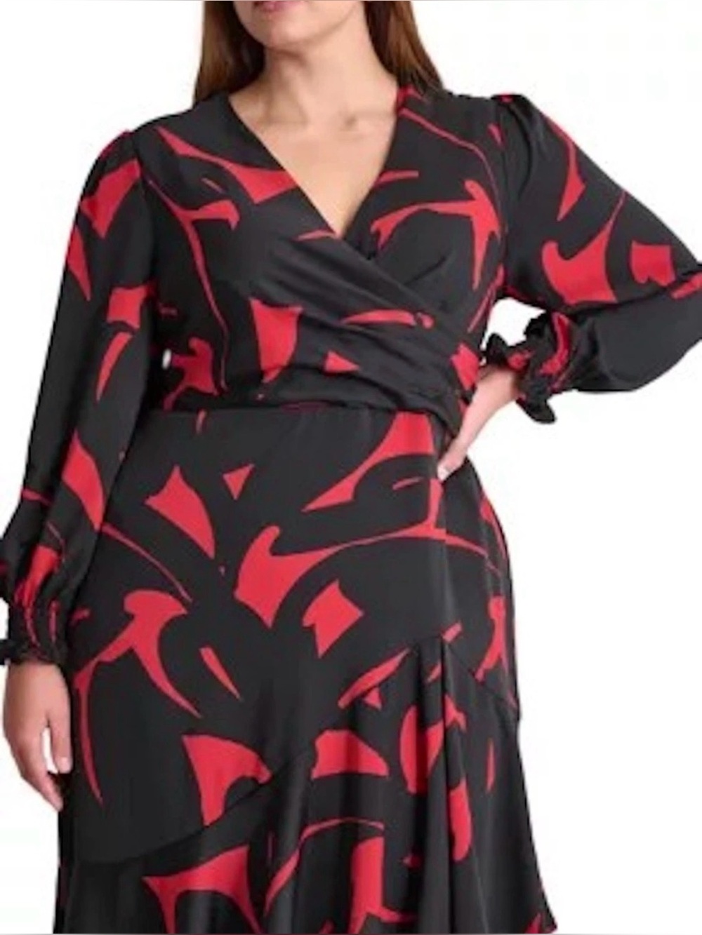 NEW Plus Size DKNY Long-Sleeve V-Neck Faux-Wrap Asymmetric Hem Black /Red $139